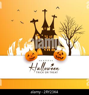 Happy halloween card grunge brush stroke background illustration with haunted castle and pumpkins Stock Vector
