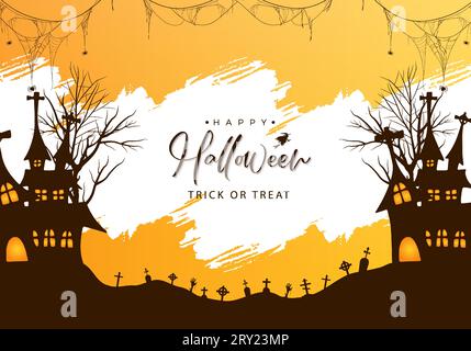 Happy halloween background illustration with grunge brush stroke and halloween haunted house Stock Vector