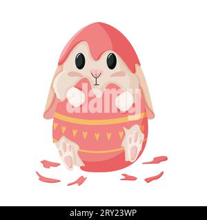Easter bunny sitting in an egg shell. Spring easter bunny in egg. Happy Easter rabbit in egg. Vector cartoon illustration Isolated on white background Stock Vector