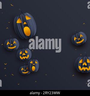 Happy halloween dark card background illustration with realistic pumpkin face and flying bats Stock Vector