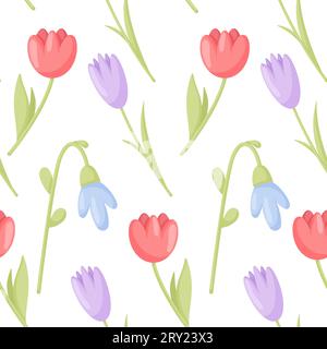 Spring flower pattern. Flower vector seamless pattern. Pattern with tulips and lilies of the valley. Stock Vector