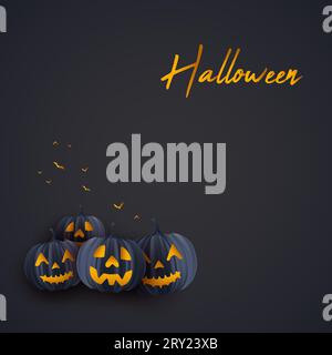 Happy halloween dark card background illustration with realistic pumpkin face and flying bats Stock Vector