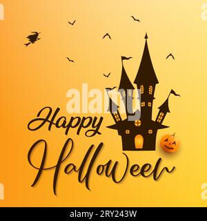 Happy halloween card background illustration with haunted house and halloween text Stock Vector