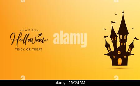 Halloween yellow banner background with halloween wish text and cute halloween haunted house Stock Vector