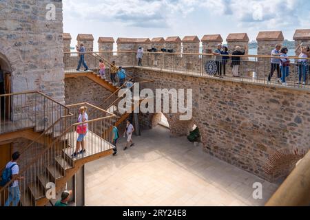 Istanbul, Turkey - September 17, 2023: Tourists visiting the interior of the Maiden's Tower Stock Photo