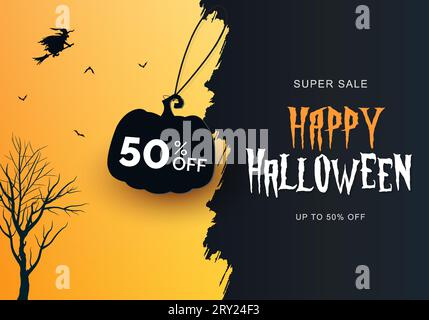 Happy halloween sale banner for promotion with halloween text and creepy dead tree Stock Vector