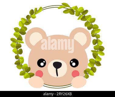 Friendly teddy bear peeking out of round leaves frame Stock Photo