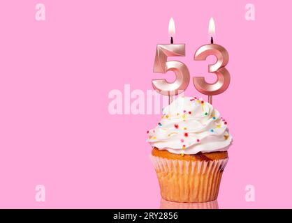 Birthday Cake With Candle Number 53 - On Pink Background. Stock Photo