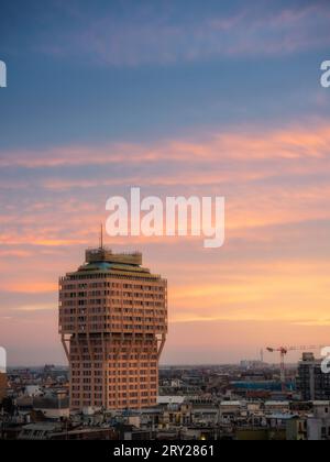 Brutalist in Milan skyscraper at sunset Stock Photo