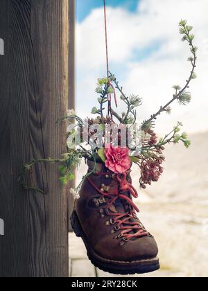 Flowers coming out of a mountain boot Stock Photo