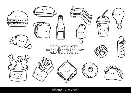 Set Kawaii Sticker Fast Food Coloring Page. Collection Cute Kawaii Fast Food Illustrations Outline. Stock Vector