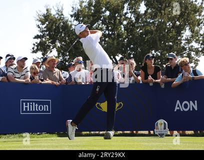 Rome, Italy. 28th Sep, 2023. USA's Jordan Spieth drives the ball on the 18th tee during his practice round at the 2023 Ryder Cup in Marco Simone Golf Club, Rome, Italy on September 28, 2023. Credit: UPI/Alamy Live News Stock Photo