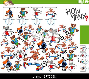 Cartoon illustration of educational counting activity with animal characters playing soccer Stock Vector