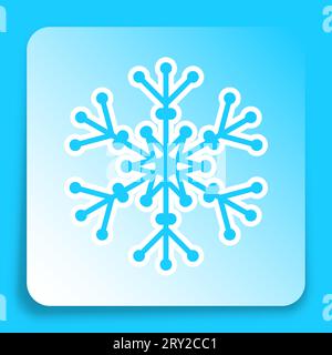 Winter snowflake icon on paper square sticker with shadow. Six pointed fluffy snowflake symbol of winter weather for mobile app. Button for mobile app Stock Vector