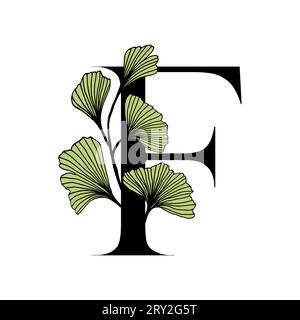 Ginkgo biloba leaves alphabet . Badge and icon in trendy linear hand drawn style. Vector Logo Emblem letter and ginkgo branch. Illustration for cosmet Stock Vector