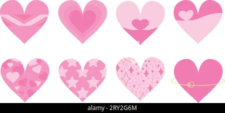 Pink heart icon set with various patterns. Stars, hearts and geometric ornaments. Decoration elements for greeting and love cards isolated on white ba Stock Vector