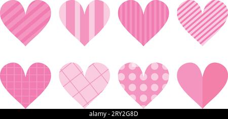 Pink heart icon set with various patterns. Dots, stripes and square ornaments. Decoration elements for greeting and love cards isolated on white backg Stock Vector