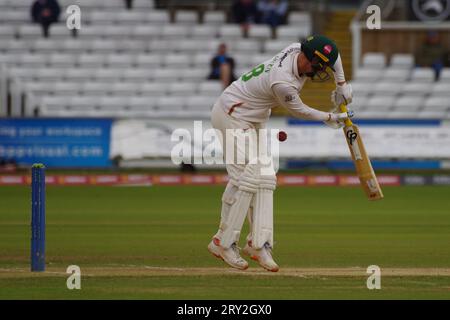 Chester le Street, 28 September 2023. Tom Scriven batting for Leicestershire against Durham Cricket in the County Championship Division 2 game at Seat Unique Riverside. Credit: Colin Edwards/Alamy Live News Stock Photo