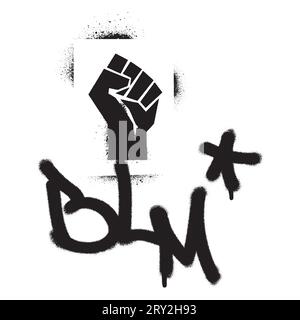 Raised fist spray paint graffiti stencil and BLM abbreviation BLACK LIVES MATTER quote. Anti-racist movement. Stock Vector