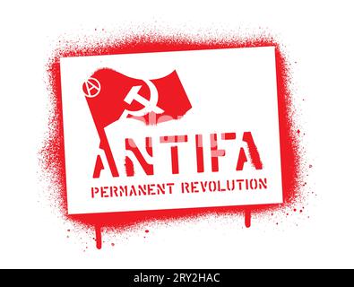 ''ANTIFA''- PERMANENT REVOLUTION. Spray paint graffiti stencil. Common name for militant and radical antifascists, communists, leftists and anarchists Stock Vector