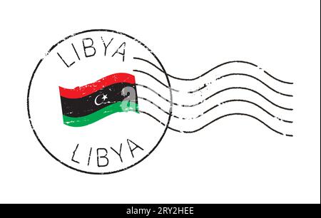 Postal grunge stamps 'Libya'. English inscription. Waving flag in the middle. Stock Vector