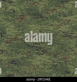 Digital flora. Camouflage seamless pattern incorporating tiny pixels of black, brown and foliage green on a pale green background. Stock Vector