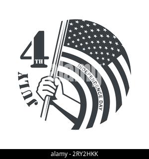 July 4th. Independence day. Retro black illustration of an hand proudly holding a US flag. Stock Vector