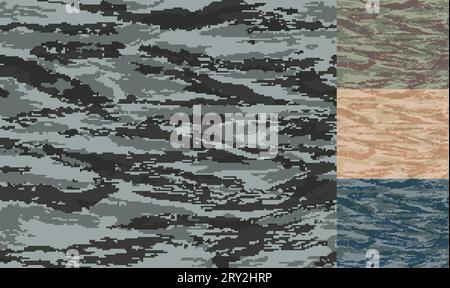 Urban lizard camouflage. Pixelated shapes. Seamless pattern. Woodland, desert and navy variants. For military and hunting purposes. Stock Vector