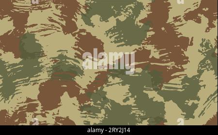 Camouflage seamless pattern. Brushstroke effect. Three colors-Olive green, brown, beige. Stock Vector