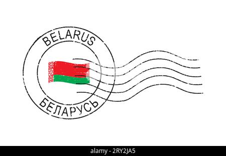 Postal grunge stamp 'Belarus'. Waved flag in the middle. Latin and cyrillic inscription. Stock Vector