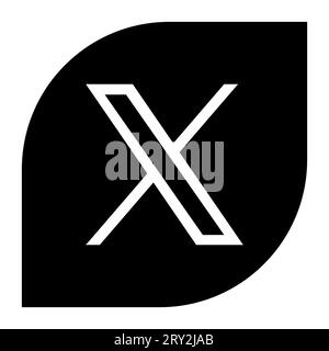 X, former Twitter, social media app icon. Black silhouete round diagonal corner square shape vector illustration. Stock Vector