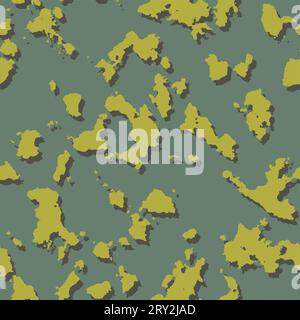 Camouflage seamless pattern. Yellow shapes with shadow. Olive green background. Stock Vector