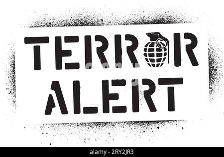 ''Terror alert'' warning message and hand grenade silhouette. Spray graffiti stencil. Stock Vector