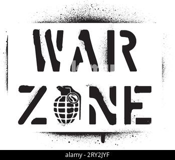 ''War zone'' warning message and hand grenade silhouette. Spray graffiti stencil. Stock Vector