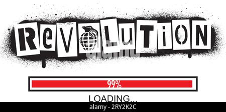 ''Revolution'' quote spray graffiti stencil and ''loading 99%'' computer icon. Stock Vector