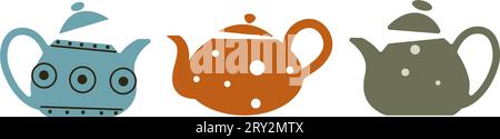 Ceramic tea pots and kettles with lid and handle Stock Vector
