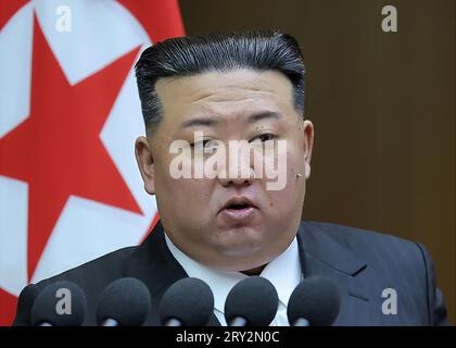 Pyongyang, North Korea. 28th Sep, 2023. An Image provided by the North Korean government on September, 28, shows North Korean leader Kim Jong Un as he attends a meeting of the country's parliament, where it unanimously enshrined the nuclear program in the constitution, during a two-day session, on Thursday, Sept. 28, 2023. in Pyongyang, North Korea. Photo by KCNA/ Credit: UPI/Alamy Live News Stock Photo