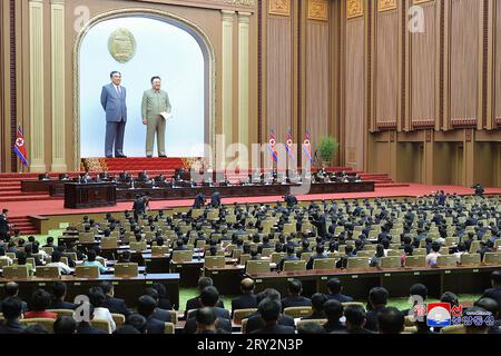 Pyongyang, North Korea. 28th Sep, 2023. An Image provided by the North Korean government on September, 28, shows North Korean leader Kim Jong Un as he attends a meeting of the country's parliament, where it unanimously enshrined the nuclear program in the constitution, during a two-day session, on Thursday, Sept. 28, 2023. in Pyongyang, North Korea. Photo by KCNA/ Credit: UPI/Alamy Live News Stock Photo