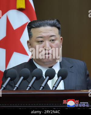 Pyongyang, North Korea. 28th Sep, 2023. An Image provided by the North Korean government on September, 28, shows North Korean leader Kim Jong Un as he attends a meeting of the country's parliament, where it unanimously enshrined the nuclear program in the constitution, during a two-day session, on Thursday, Sept. 28, 2023. in Pyongyang, North Korea. Photo by KCNA/ Credit: UPI/Alamy Live News Stock Photo