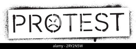 ''PROTEST'' inscription and angry face emoticon. Spray graffiti stencil. Stock Vector