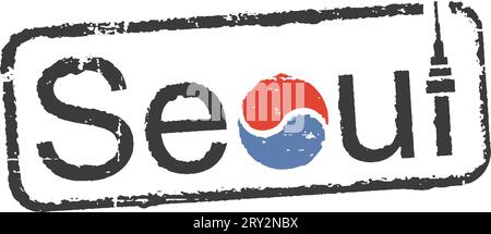 Postal grunge stamp 'Seoul'-capital city of South Korea. Yin Yang (Unity within diversity) - korean national symbol; Namsan tower Stock Vector