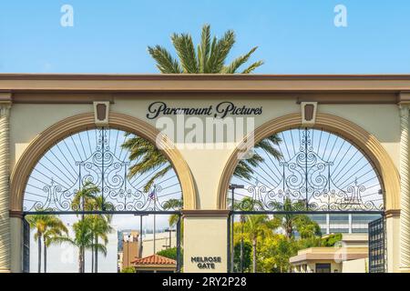Paramount Pictures film studio in Hollywood, Los Angeles, USA. Melrose Gate entrance. Stock Photo