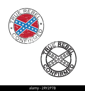 Two round biker's stamps TRUE REBEL- CONFIRMED. Confederate flag in the middle. An allegorical symbolism for any personal or collective rebellion or d Stock Vector