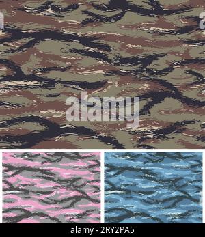 Set of tiger stripe camouflage seamless patterns. Woodland, navy and urban-women's color scheme. Stock Vector