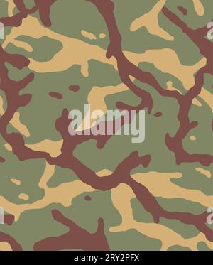 Camouflage seamless pattern. Military woodland summer print. Brown and ocher-yellow branched shapes. Green background. Stock Vector