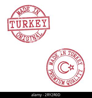 Two grunge stamps MADE IN TURKEY. Turkish flag in the middle. Stock Vector