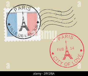 Postal stamp symbols 'Paris - City of Love '. French flag (engraved, woodcut effect). St Valentine's day concept. Stock Vector