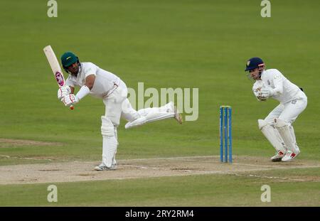 Leicestershire's Rishi Patel batting during day three of the LV= Insurance County Championship match at the Seat Unique Riverside, Chester-le-Street. Picture date: Thursday September 28, 2023. Stock Photo