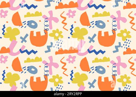 Naive seamless pattern cute squiggle shapes prints. retro brutalist aesthetic circle oval wave pattern. Geometric design in trendy retro aesthetic. Sw Stock Vector