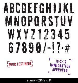 Rubber stamp font with heavy distort and grunge effects. Stock Vector